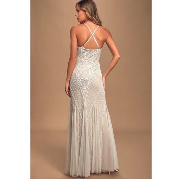 Lulus This I Promise You White Nude Beaded Sequin Maxi Dress Med 262322 - Picture 11 of 15